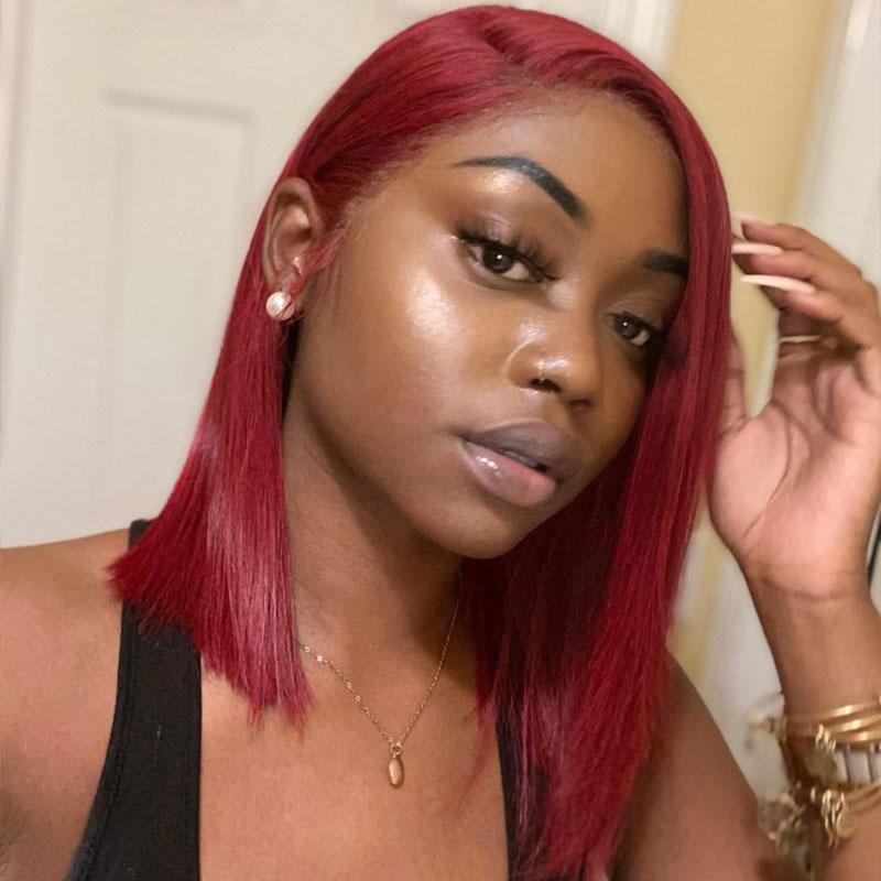 Red Color Lace Wig Short Human Hair Wigs 150% Density Pre-Colored - uprettyhair