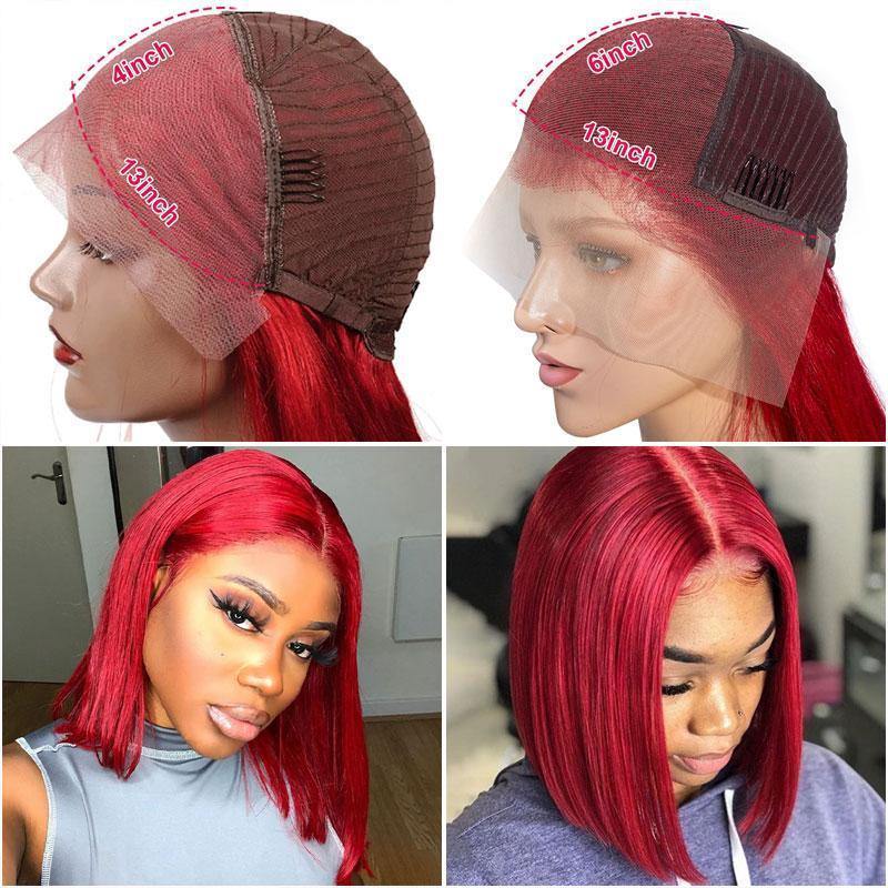 Red Color Lace Wig Short Human Hair Wigs 150% Density Pre-Colored - uprettyhair