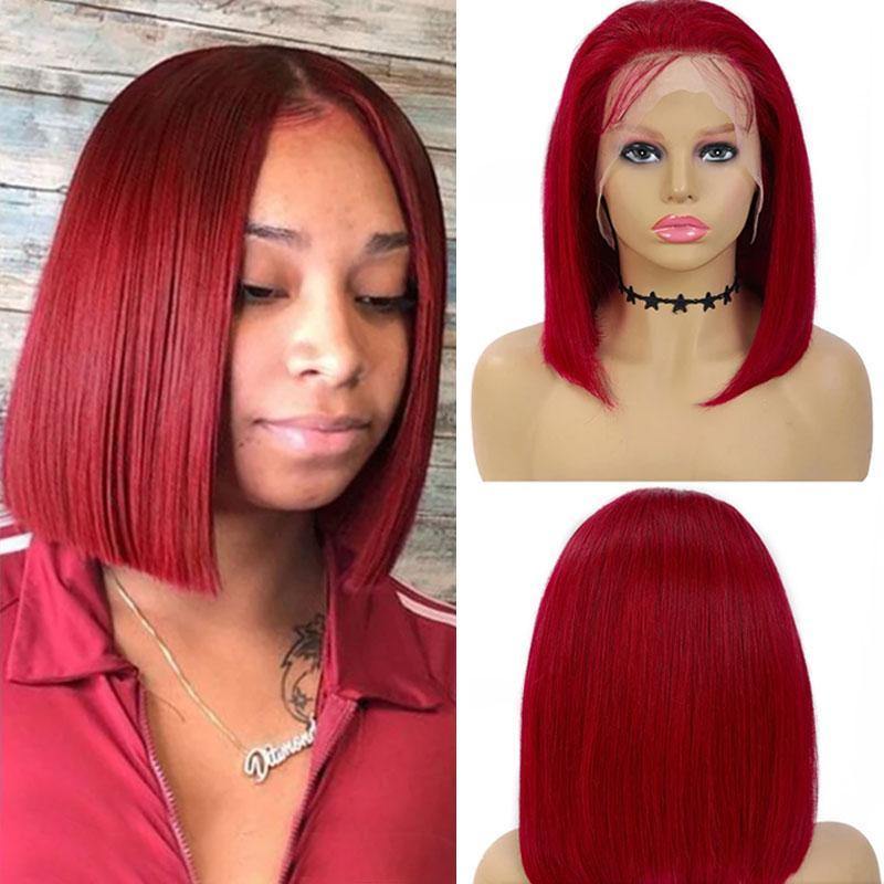 Red Color Lace Wig Short Human Hair Wigs 150% Density Pre-Colored - uprettyhair