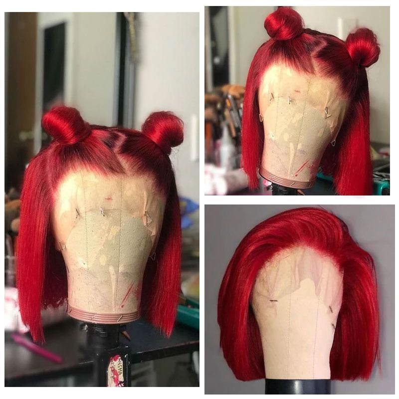Red Color Lace Wig Short Human Hair Wigs 150% Density Pre-Colored - uprettyhair