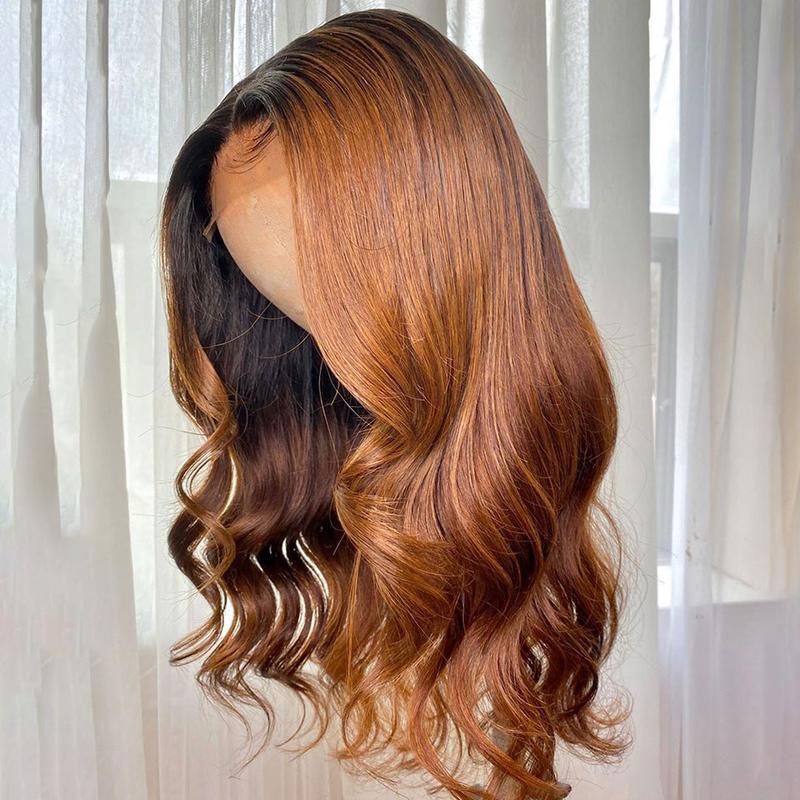 Black Roots Ombre Warm Chocolate Brown T Part Wig Body Wave 13X4 HD Lace Frontal Wig