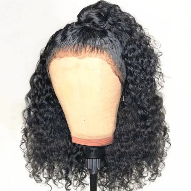 13X6 Lace Glueless Brazilian Natural Black Kinky Curly Bob Human Hair Wig 14" 150% density