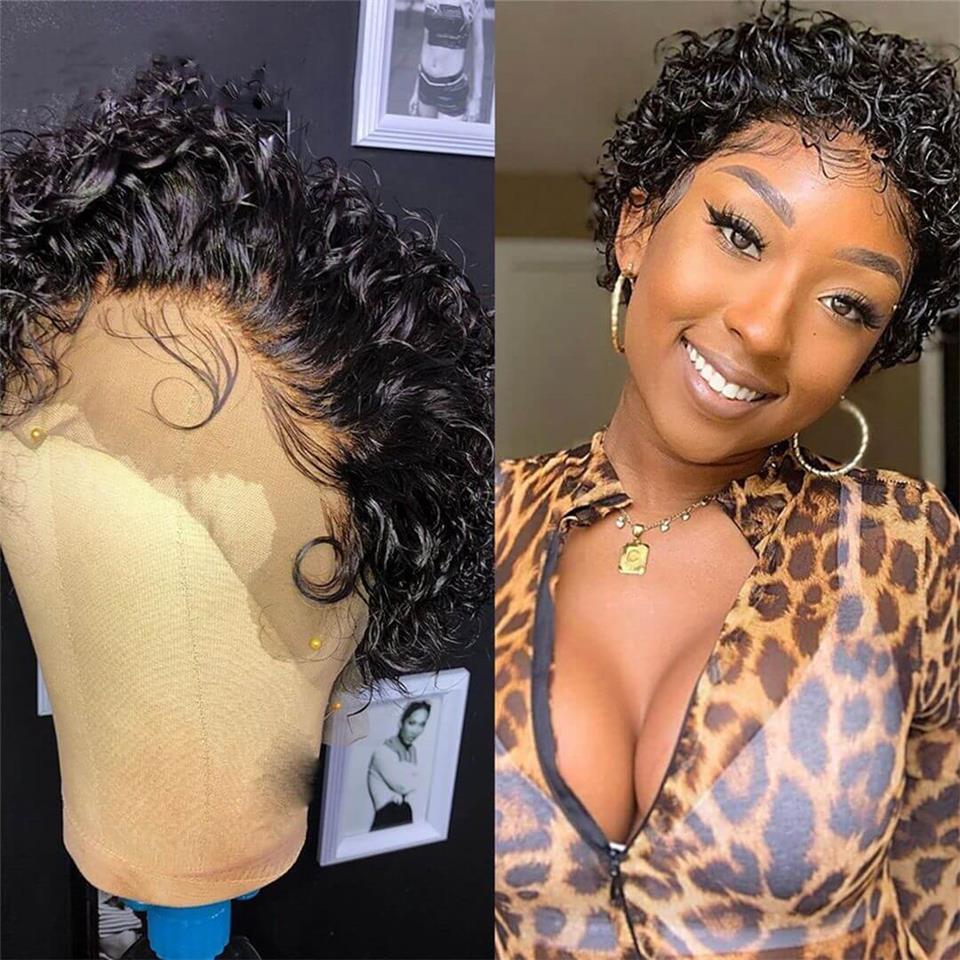 Pixie Cut Human Hair Wig Lace Front Wig Water Wave 180% Density