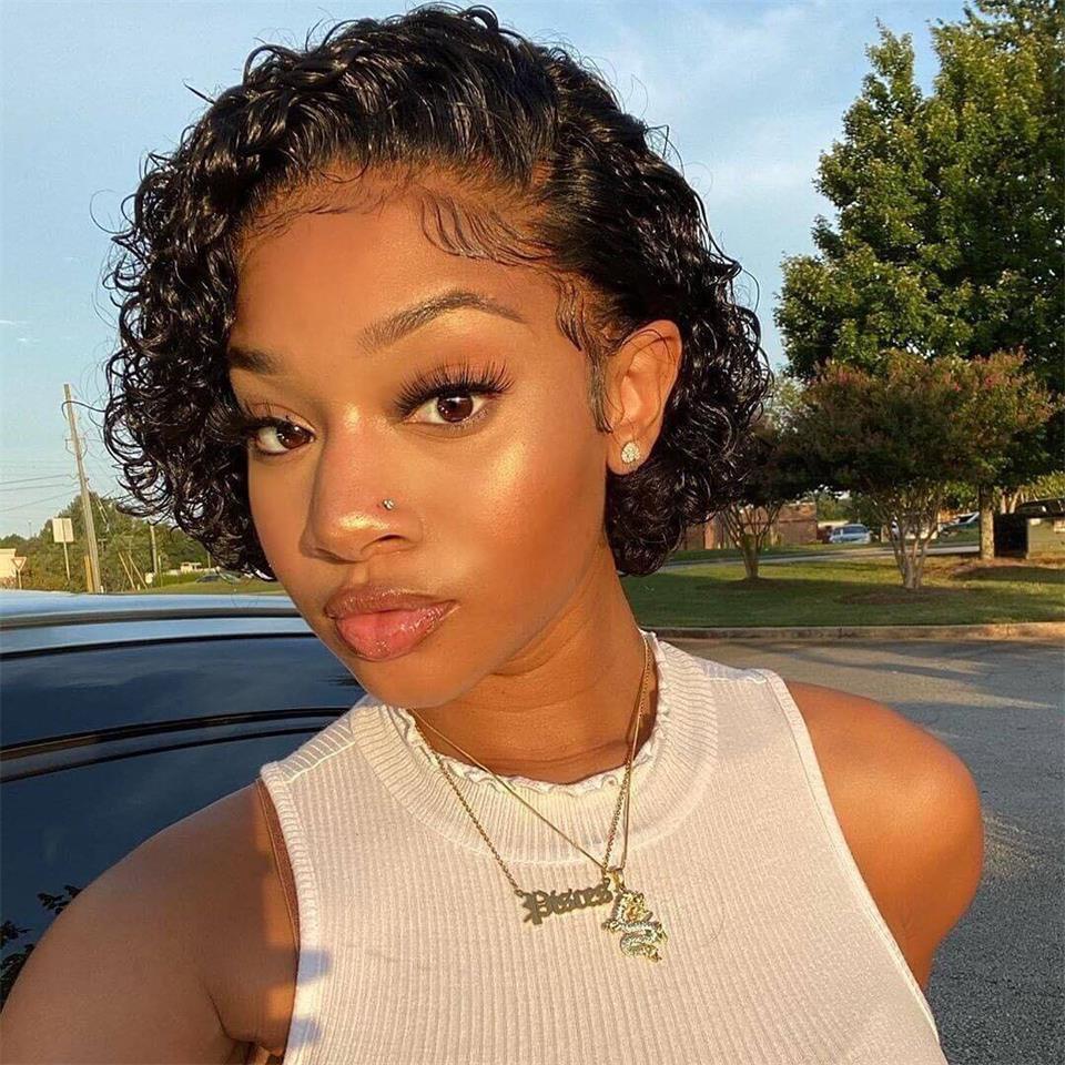 Pixie Cut Human Hair Wig Lace Front Wig Water Wave 180% Density