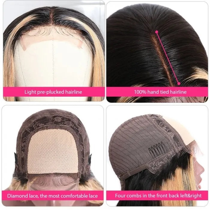 Highlight Ombre TL27 Straight Human Hair Lace Part Wigs 150% Density