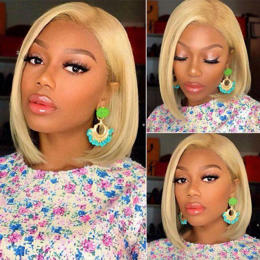 613 Blonde Color Straight Human Hair 4x4 Short Bob Lace Wigs 150% Density - uprettyhair
