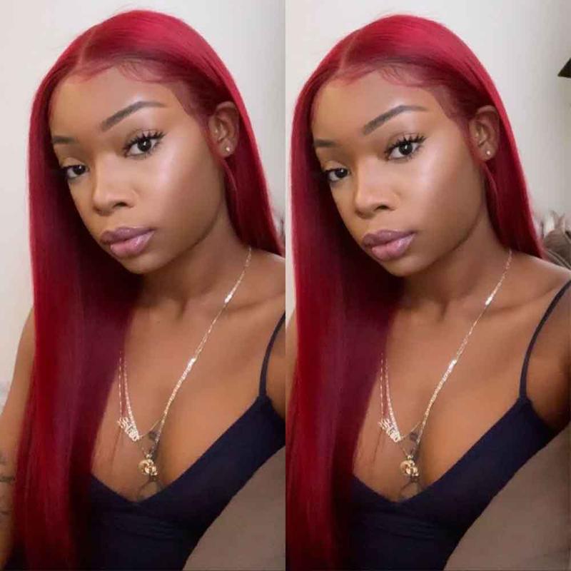 99J Colored Straight Lace Front Wigs Brazilian Human Hair Dark Red Color - pegasuswholesale