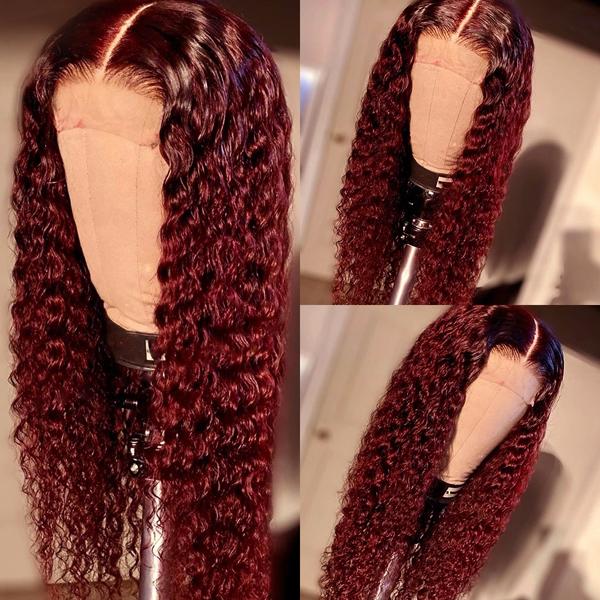 99J Colored Curly Lace Front Wigs Brazilian Human Hair 150% Density