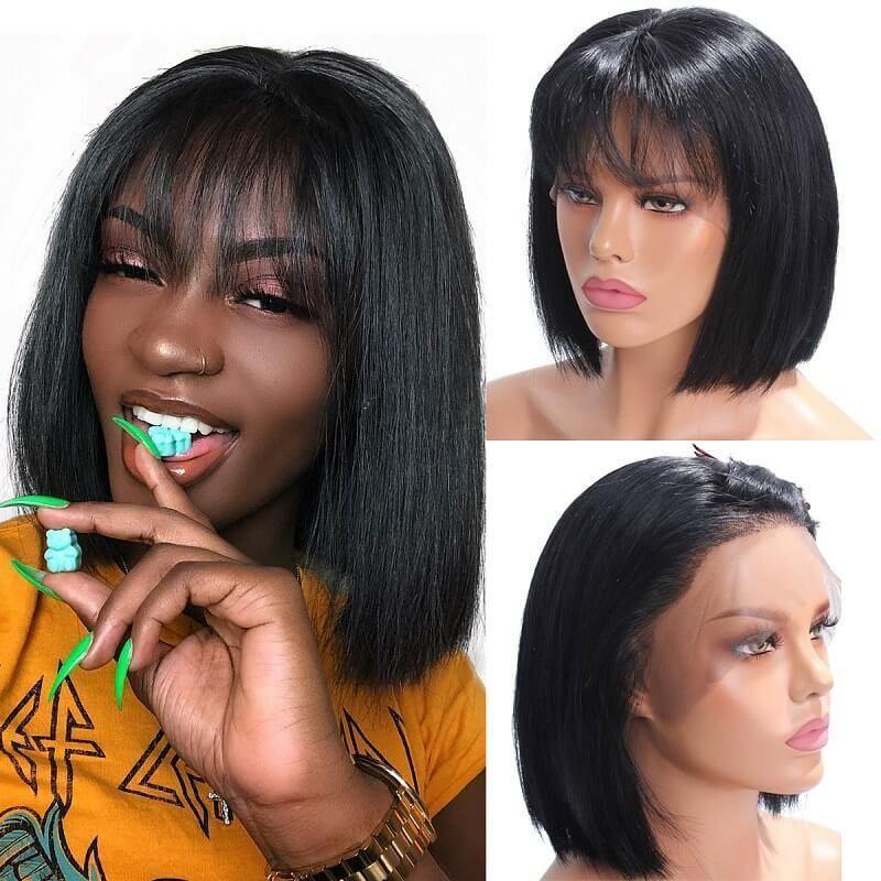 Straight Bob Lace Front Wig With Bangs 150% Density Natural Black Hair - uprettyhair