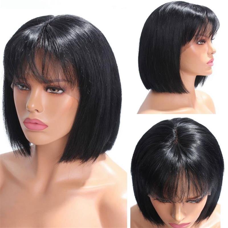 Straight Bob Lace Front Wig With Bangs 150% Density Natural Black Hair - uprettyhair