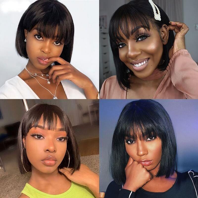 Straight Bob Lace Front Wig With Bangs 150% Density Natural Black Hair - uprettyhair