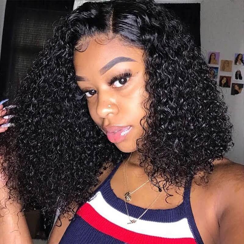 13x4 Lace Front Wig Curly Hair Side Part Bob Wigs 180% Density Natural Color - uprettyhair
