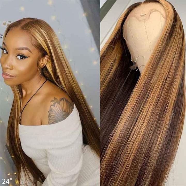 Highlight Piano Color Glueless 4*4 13*4 13*6 Closure Straight Wig 250% Brazilian Human Hair Luxurious Customization