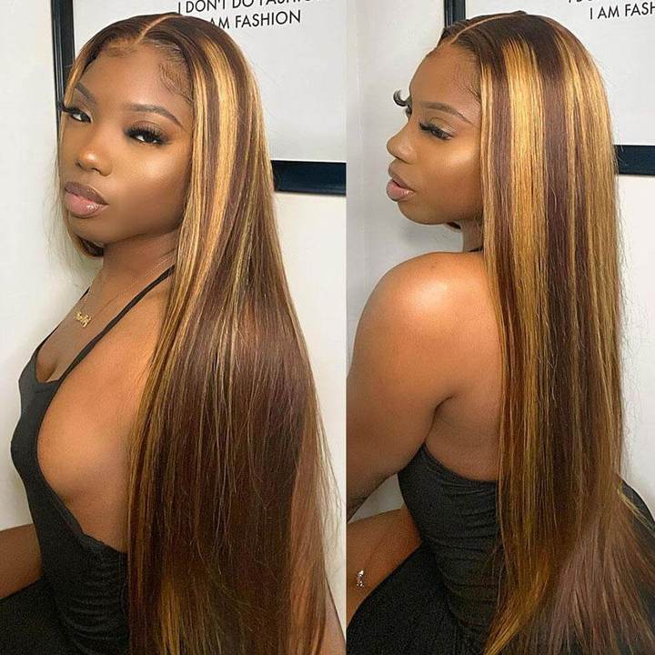 Highlight Piano Color Glueless 4*4 13*4 13*6 Closure Straight Wig 250% Brazilian Human Hair Luxurious Customization