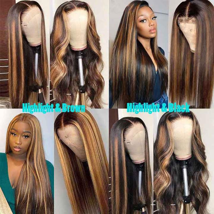 Highlight Piano Color Glueless 4*4 13*4 13*6 Closure Straight Wig 250% Brazilian Human Hair Luxurious Customization