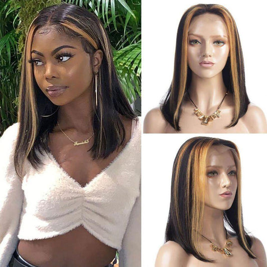 Straight Short Bob MIX Color Highlight 13x4 Lace Front Wigs 150% Density - uprettyhair