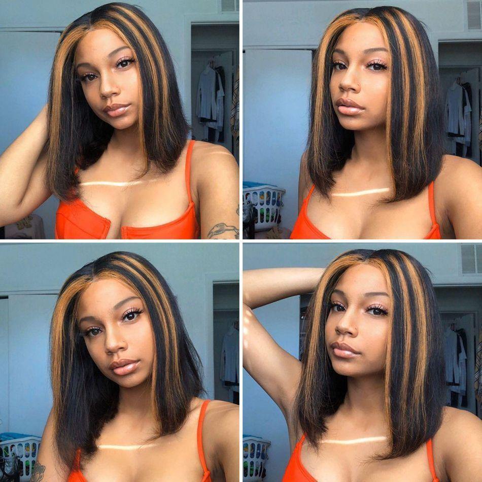 Straight Short Bob MIX Color Highlight 13x4 Lace Front Wigs 150% Density - uprettyhair