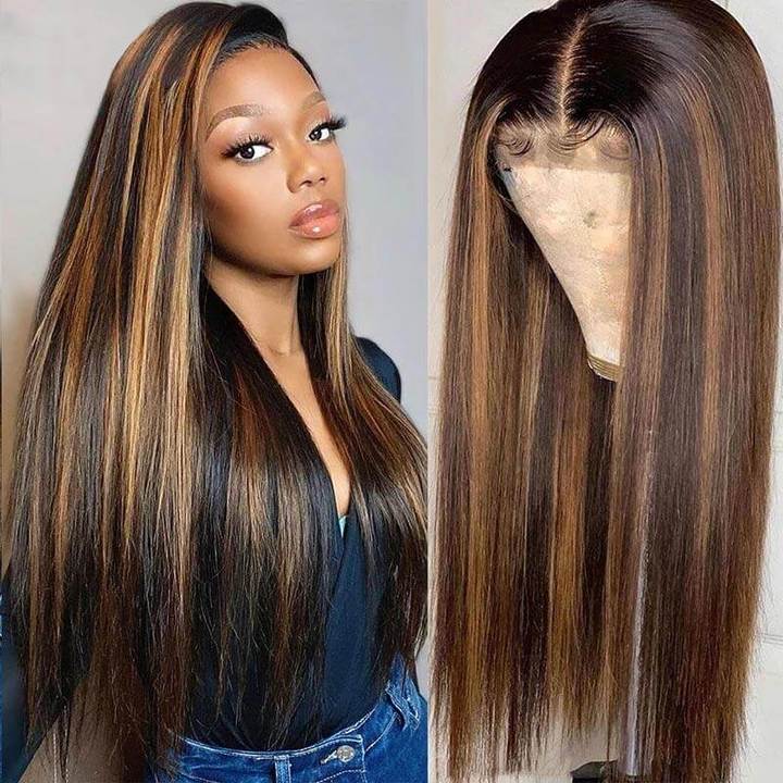 Highlight Piano Color Glueless 4*4 13*4 13*6 Closure Straight Wig 250% Brazilian Human Hair Luxurious Customization