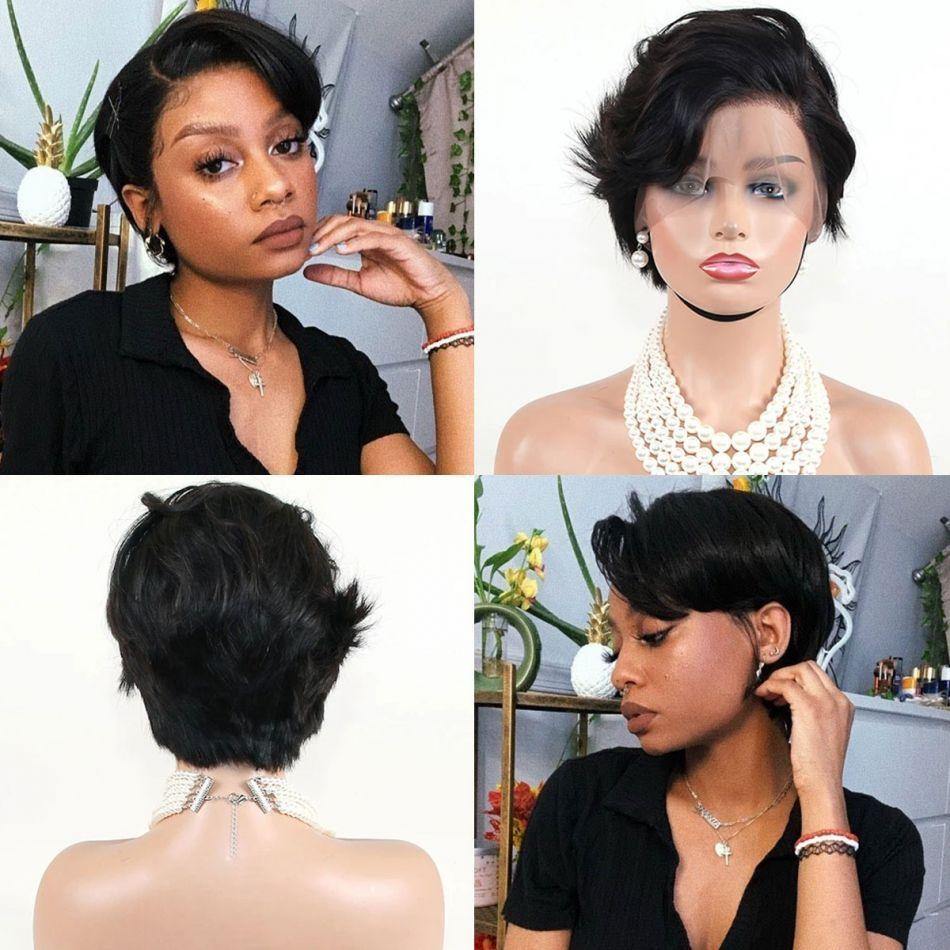 13x4 Short Human Hair Wigs 8Inch Pixie Cut Lace Wig 180% Density - uprettyhair