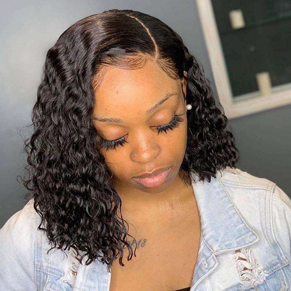 Water Wave 13x4 Side Parting Bob Lace Wigs 180% Density Natural Wave Bob Wigs - uprettyhair