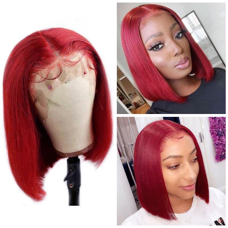 Red Color Lace Wig Short Human Hair Wigs 150% Density Pre-Colored - uprettyhair