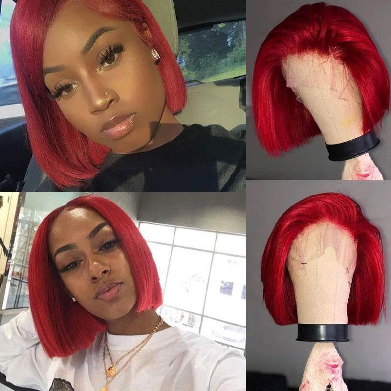Red Color Lace Wig Short Human Hair Wigs 150% Density Pre-Colored - uprettyhair
