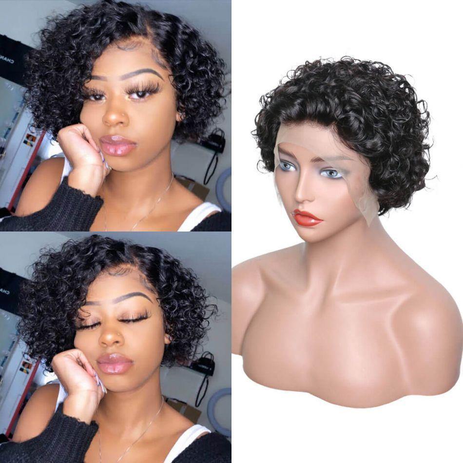 Pixie Cut Human Hair Wig Lace Front Wig Water Wave 180% Density