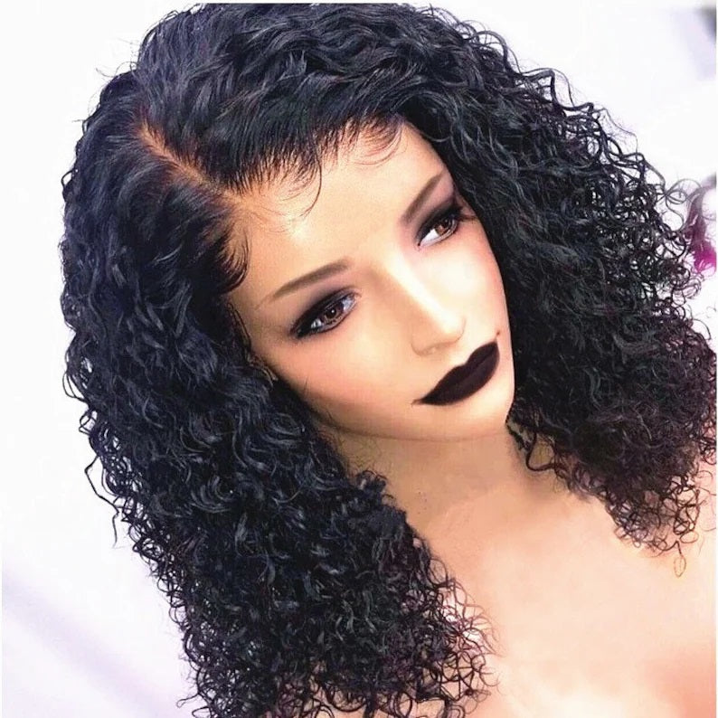 13X6 Lace Glueless Brazilian Natural Black Kinky Curly Bob Human Hair Wig 14" 150% density