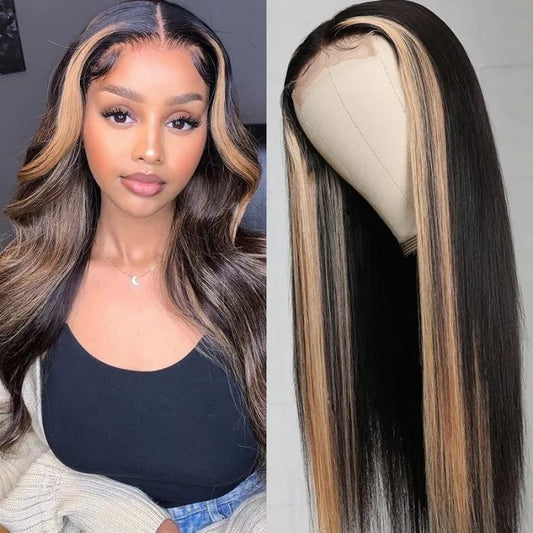 Highlight Ombre TL27 Straight Human Hair Lace Part Wigs 150% Density