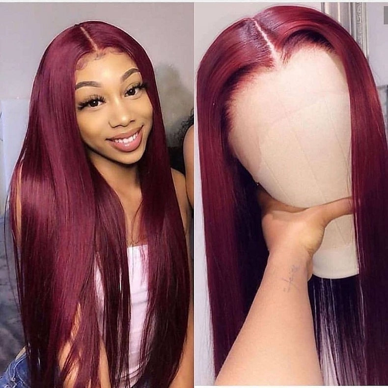 【New In】13A Burgandy 13*4 Frontal 99J Color Straight Transparent Lace Front Wigs 180% Density Virgin Human Hair Wigs Customize in 7 days!