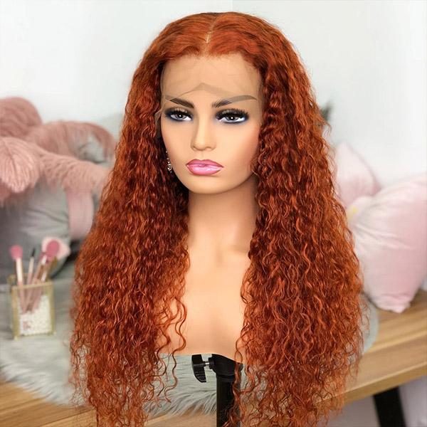 One More Human Hair Ginger Wig Middle Part Orange Color Curly hair