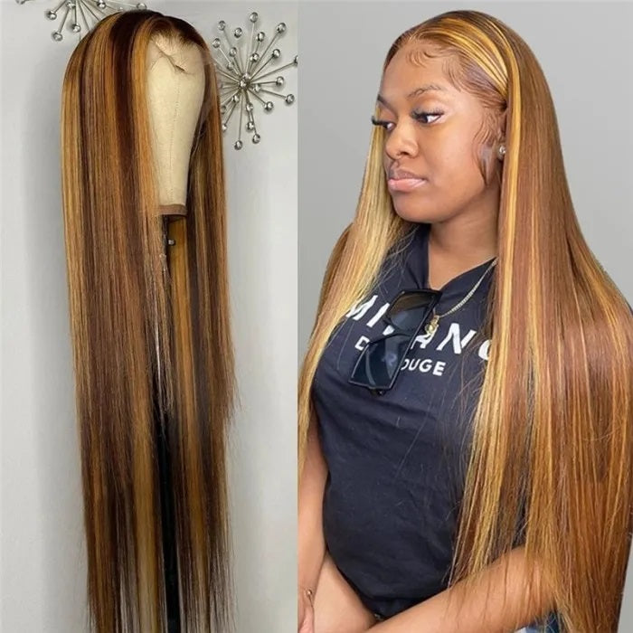 13X4 HD Lace Wigs Human Hair 150% Density Straight Honey Blonde with Highlights