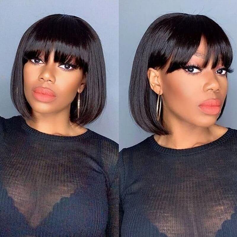 Straight Bob Lace Front Wig With Bangs 150% Density Natural Black Hair - uprettyhair