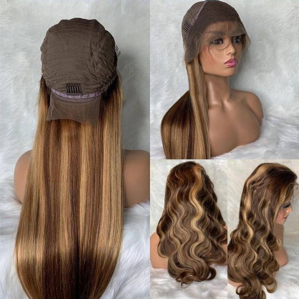 Dark Brown Hair With Highlights Lace Front Wigs Brazilian Straight Hair-AshimaryHair.com