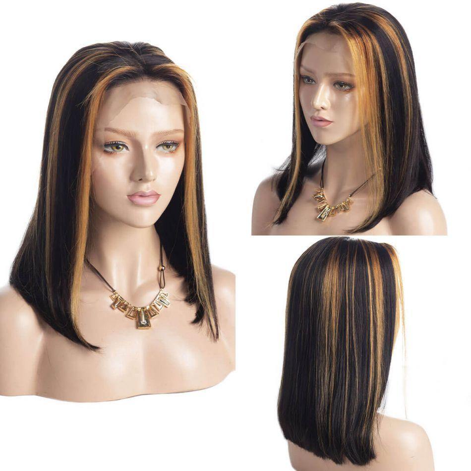 Straight Short Bob MIX Color Highlight 13x4 Lace Front Wigs 150% Density - uprettyhair